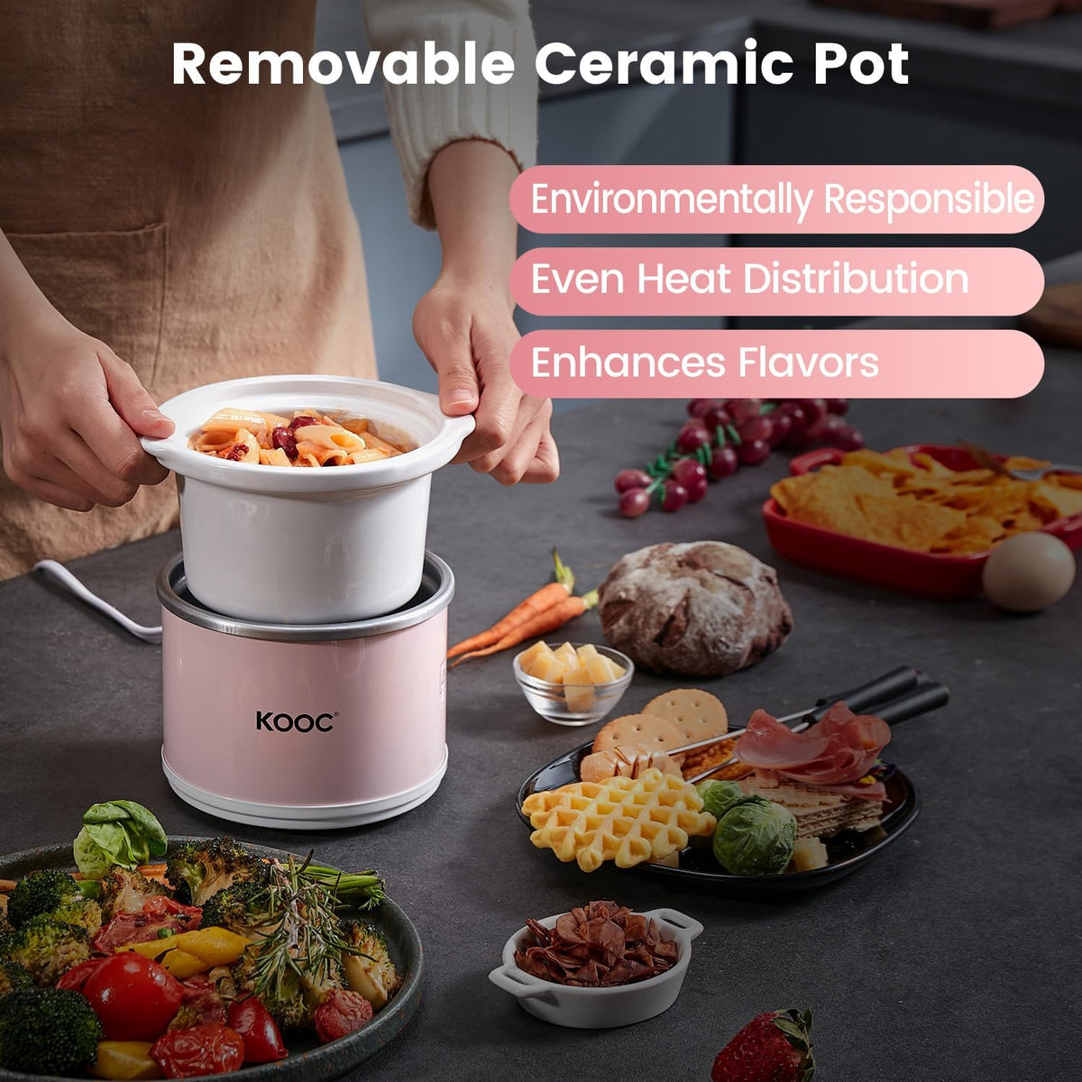 KOOC Small Slow Cooker, 0.65 Quart, Free Liners Included, Upgraded Ceramic Pot, Nutrient Loss Reduction, Sauces, Stews & Dips, Stainless Steel, Pink, Round
