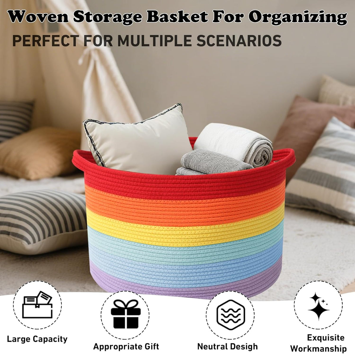 Large Blanket Basket for Organizing,115L Closet Organizers and Storage Bins Box for Shelves Woven Rope Storage Baskets,Living Room,Bedroom,Dorm,Laundry room (Rainbow)