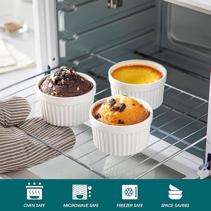 vancasso 6 oz Ramekins with Lid, Porcelain Creme Brulee Souffle Dishes, White Pudding Custard Cups Ramiken for Baking, Dishwasher and Oven Safe, Set of 6