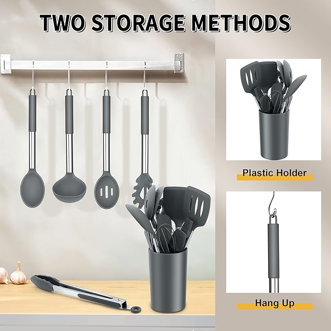 Silicone Cooking Utensils Set, E-far 14-Piece Gray Kitchen Utensils Set with Holder, Kitchen Tools Spatulas with Stainless Steel Handle for Non-stick Cookware, Heat Resistant & Dishwasher safe