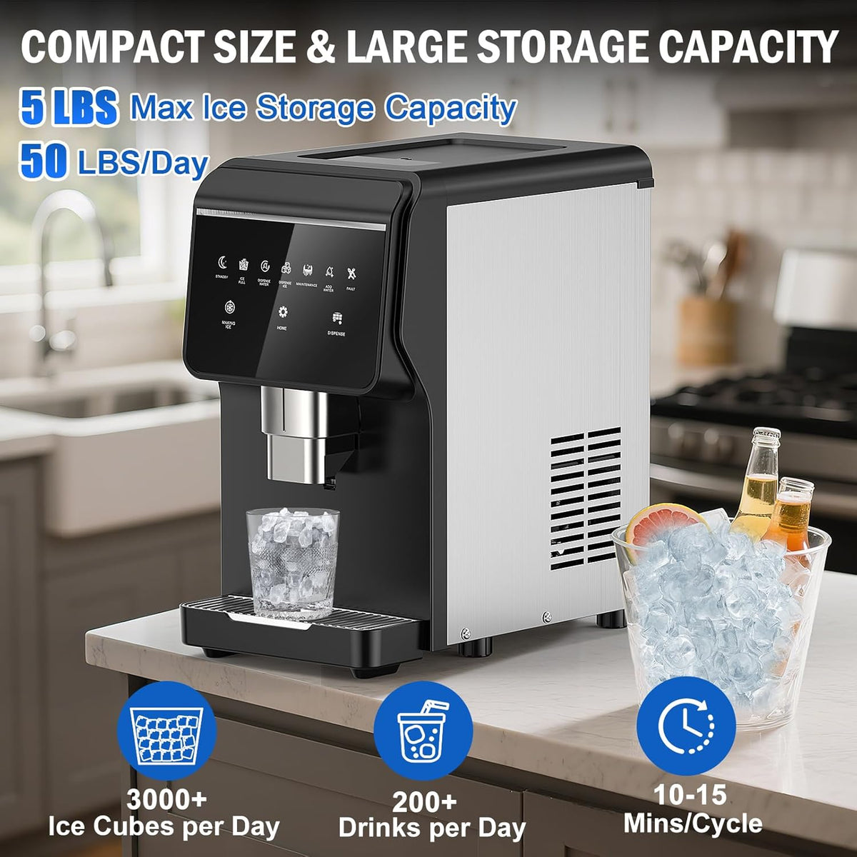 Nugget Ice Maker Countertop, 50LBS/Day with 5LBS Storage Bin, Water Dispenser Countertop Ice Maker Machine Stainless Steel, Soft Chewable Pellet Ice Machine for Home Bar Kitchen Office, Self-Cleaning