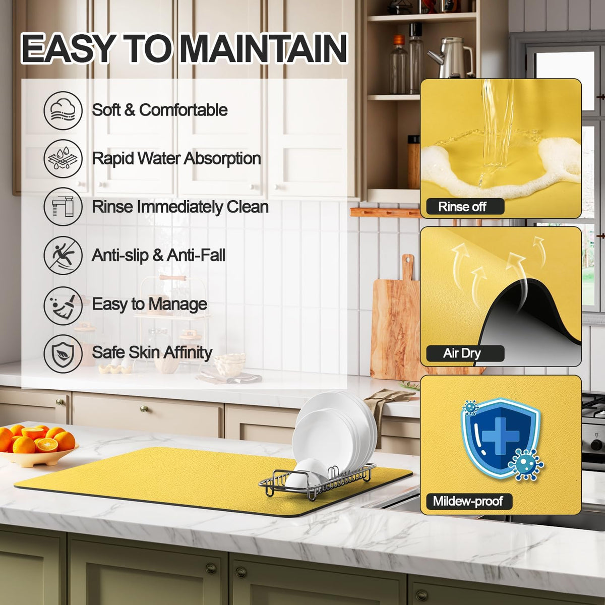 Dish Drying Mat for Kitchen Counter | Coffee Bar Mat for Countertops | Heat Resistant Drainer Mat with Non-slip Rubber Backed | Hide Stain Kitchen Absorbent Draining Mat | Yellow 16"x20"