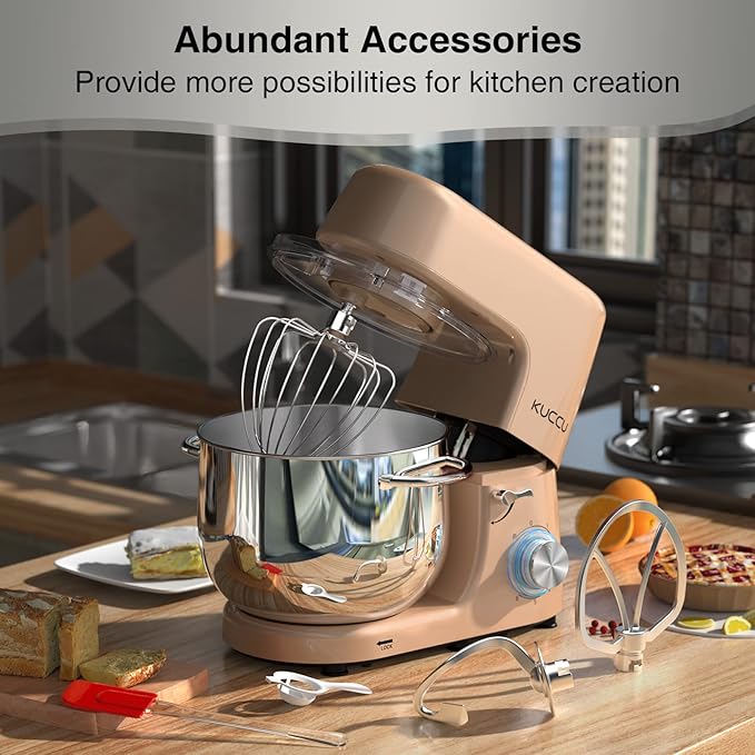 9.5 QT Double Handle KUCCU Stand Mixer, 6 Speed with Pulse Electric Kitchen Mixer, 660W Tilt-Head Food Mixer with Dishwasher-Safe Dough Hook, Flat Beater, Whisk, Splash Guard for home baking (Gold)