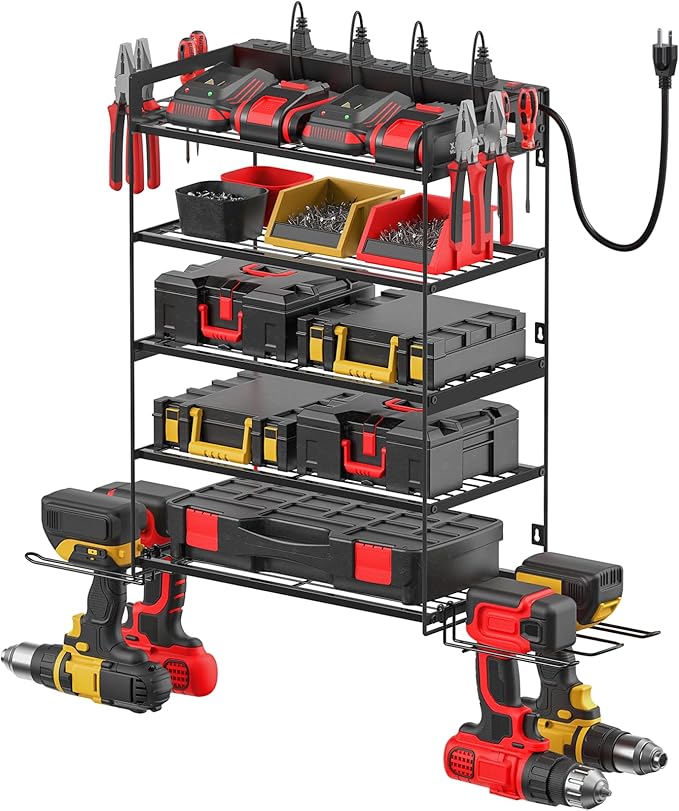 CCCEI Garage Tools Storage with Charging Station. Power Tool Battery Organizer Utility Shelf with Power Strip. 4 Drills Holder Wall Mount Rack, Black 5 Layer.