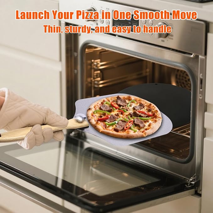Hisencn 13" Round Pizza Steel for Oven & Grill – Ceramic Baking Steel Pizza Stone Set with Rack, Pizza Peel, Cutter & Dough Scraper, Crack-Resistant & High Heat Conductivity for Crispy Crust