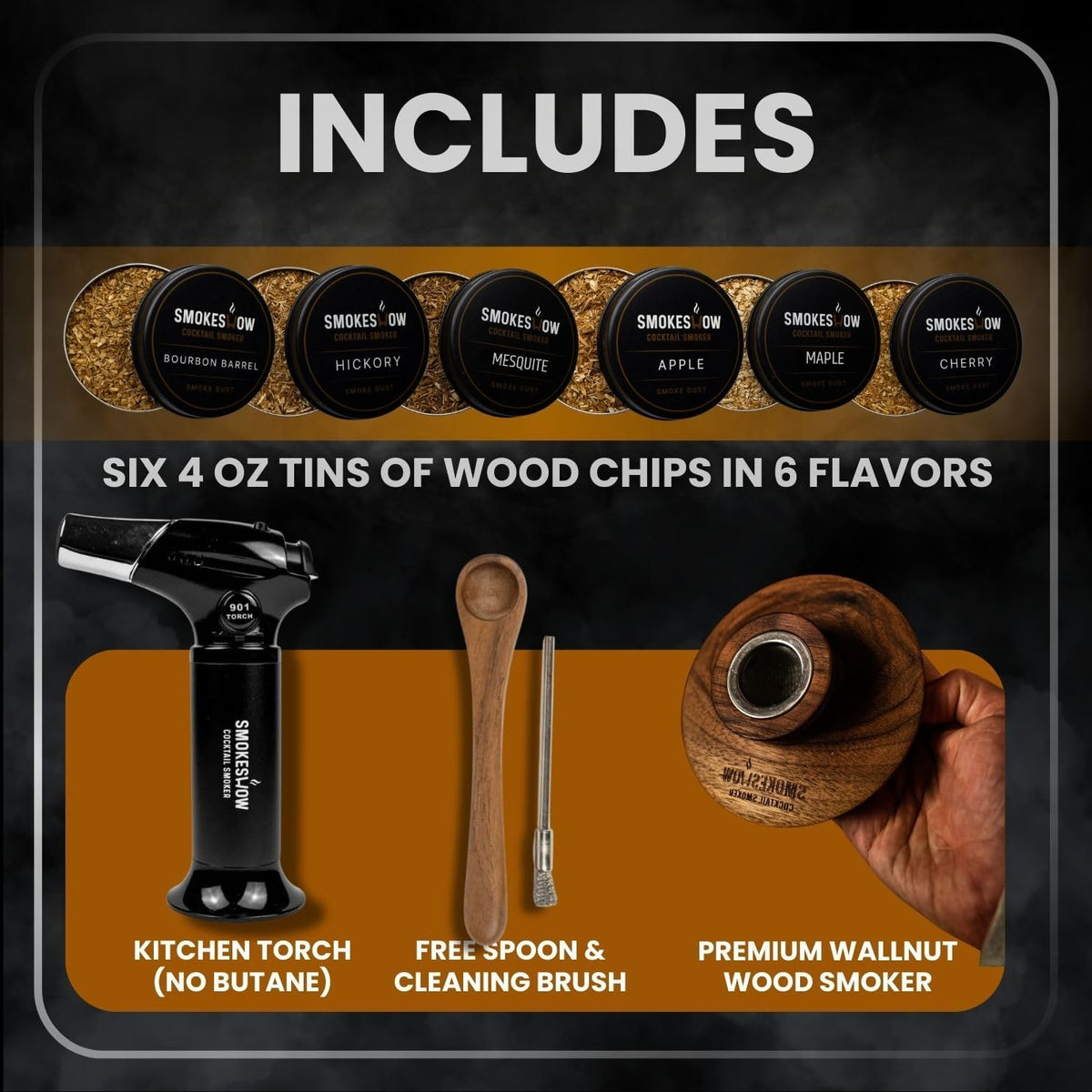 Bundle with Kitchen Torch, Six Flavors of Wood Chips, Apple, Hickory, Maple, Mesquite, Cherry and Bourbon Soaked Oak. (No Butane Included)