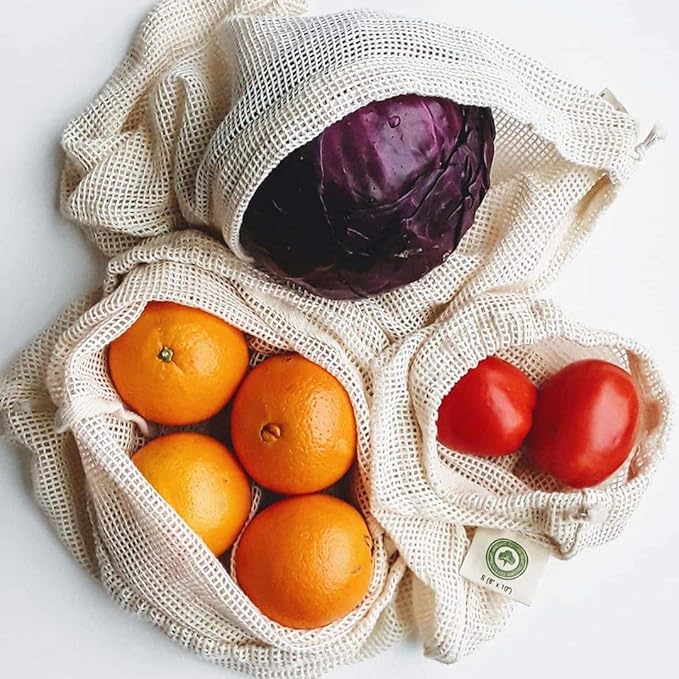 Reusable Mesh Produce Bags - 8 Pack, 100% Organic Cotton Reusable Net Vegetable Bags - Environment-friendly & Washable Fruit, Vegetable & Produce Sacks (2 X Large, 2 Large, 2 Medium, 2 Small)