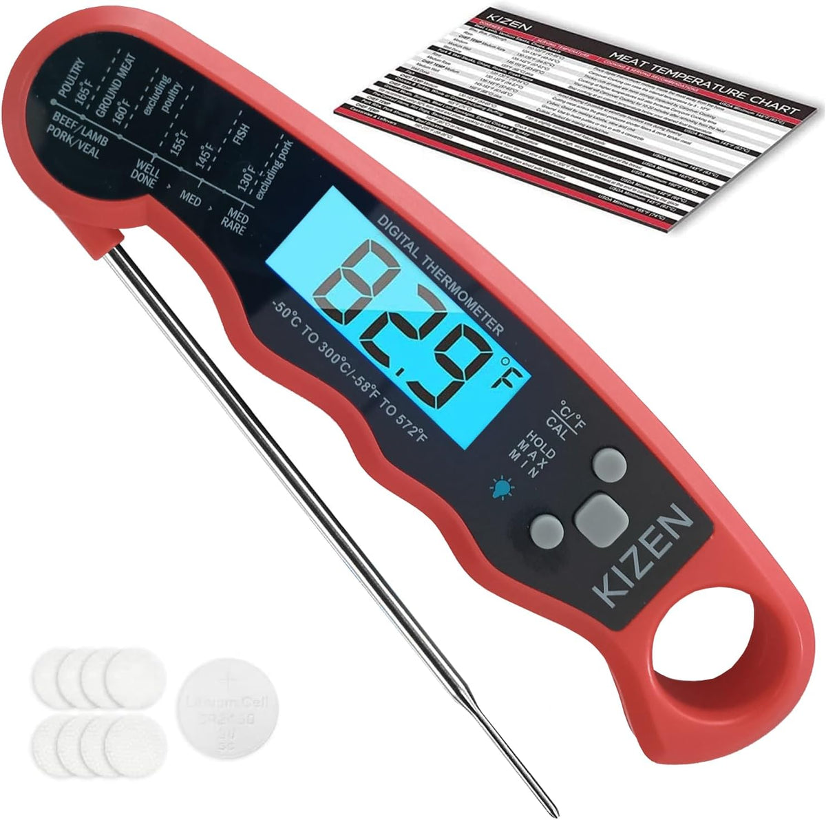 KIZEN Instant Read Meat Thermometer Digital - Food Thermometer for Cooking, Grill, Oven, BBQ - Waterproof and Backlit Display