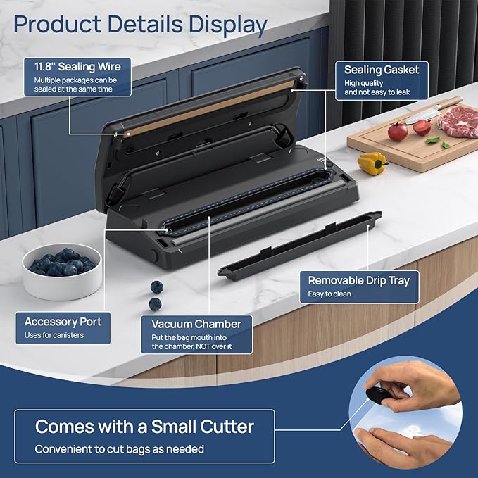 Vacuum Sealer Machine for Food Saver, 70kpa Powerful Suction Compact 7-in-1 Automatic Food Sealer for Sous Vide & Food Storage, Dry/Moist/Strong/Gentle Mode, Removable Drip Tray | 2 Bag Rolls, Black