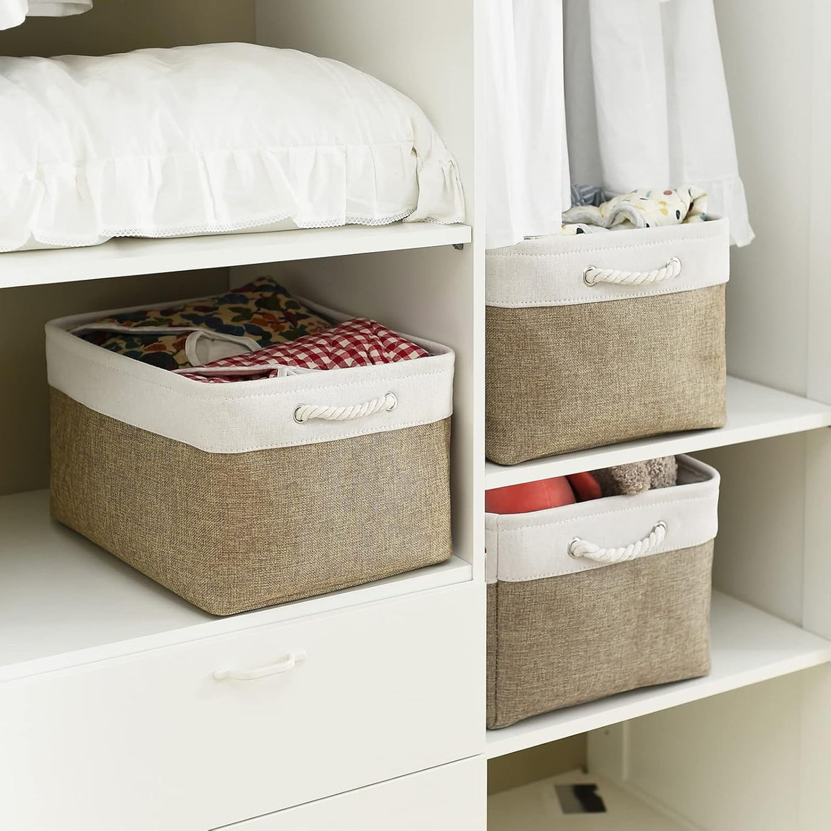 TheWarmHome Organization and Storage Basket for Organizing - X Large - 3 Pack 17.7L×13.8W×9.8H in Collapsible Storage Bin for Shelves, Fabric Basket for Gifts Organizer Toy Closet (White & Khaki)