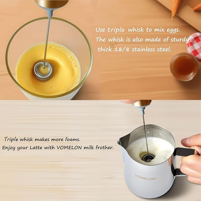 Milk Frother Handheld, Battery Operated Coffee Foamer Drink Mixer with 2 Stainless Steel Electric Whisks for Coffee, Latte, Cappuccino, Hot Chocolate, Protein， Batteries Included, Golden
