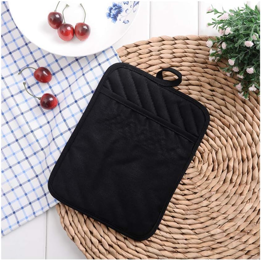 Anyi Cotton Pot Holders with Pocket, Heat Resistant Black Counter Table Hot Pads for Kitchen