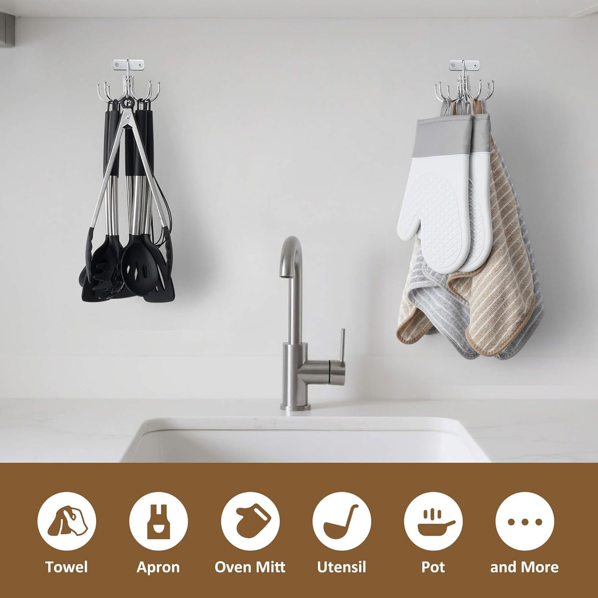 ZEDODIER Kitchen Cooking Utensil Holder, 360° Rotating Kitchen Hooks for Hanging Utensils, Heavy Duty Metal Utensil Rack with 8 Storage Capacity for Utensil, Towel, Pot, Glove, Aprons, Silver