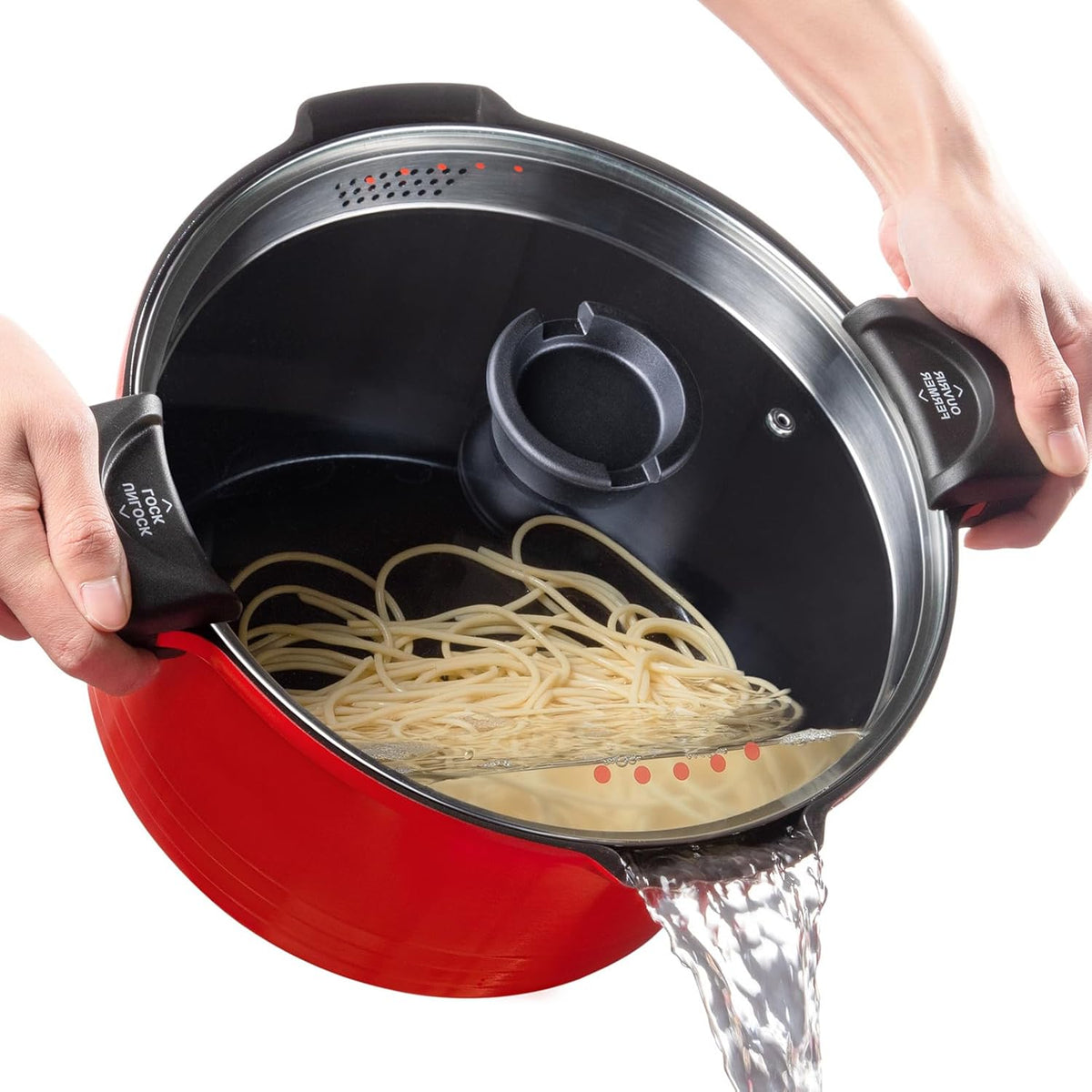 5qt Pasta Pot with Strainer Lid, Cast Aluminum Stockpot Multipot, Nonstick Ceramic Coating make Cleanup easy with Tempered Glass Lid, Dishwasher Safe, Induction, Black (Red, 5 Quarts)