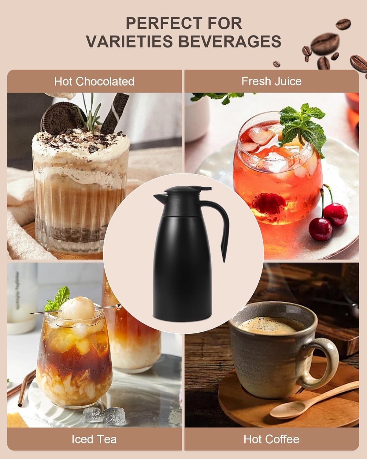 70oz Thermal Coffee Carafe for keeping hot,Updated Carafes for hot liquid, Stainless Steel Insulated Thermal Pot for Coffee, Hot Water,Keep Hot 12 Hours (Black 2.1 L)