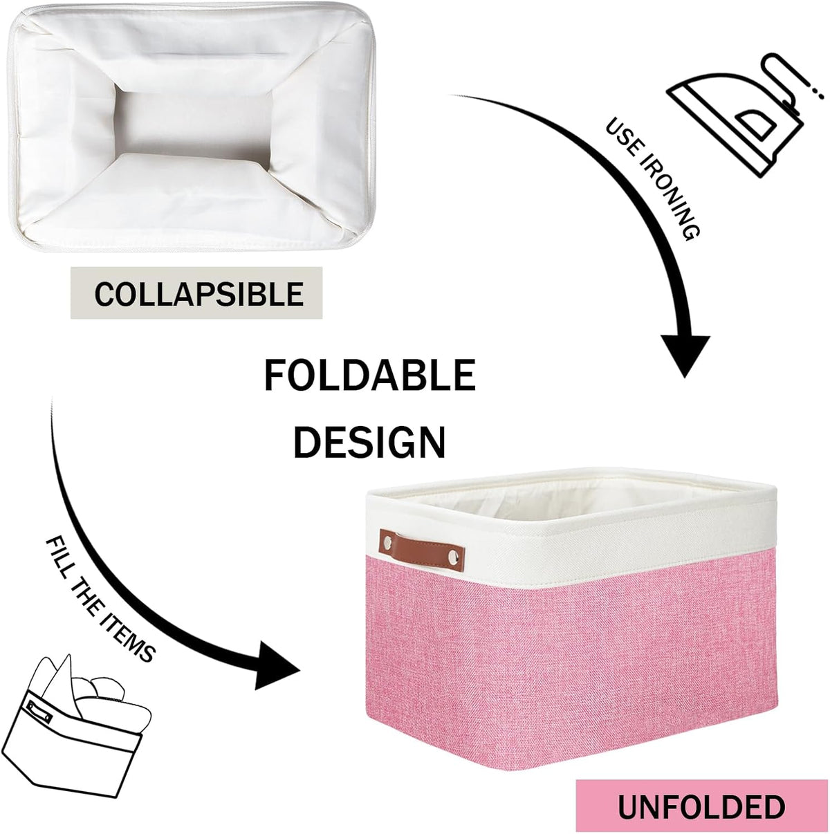 DULLEMELO Storage Baskets for Organizing, Shelves,Bedroom, Decorative Storage Bins with Faux Leather Handles, Fabric Storage Basket for Office, Toys(3-Pack, White&Pink)
