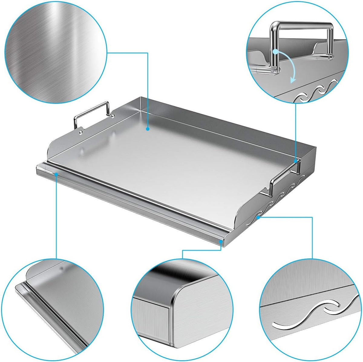 Skyflame Universal Stainless Steel Griddle Flat Top Plate with Even Heating Bracing for BBQ Charcoal/Gas Grills, Camping, Tailgating, and Parties 17" x 13"