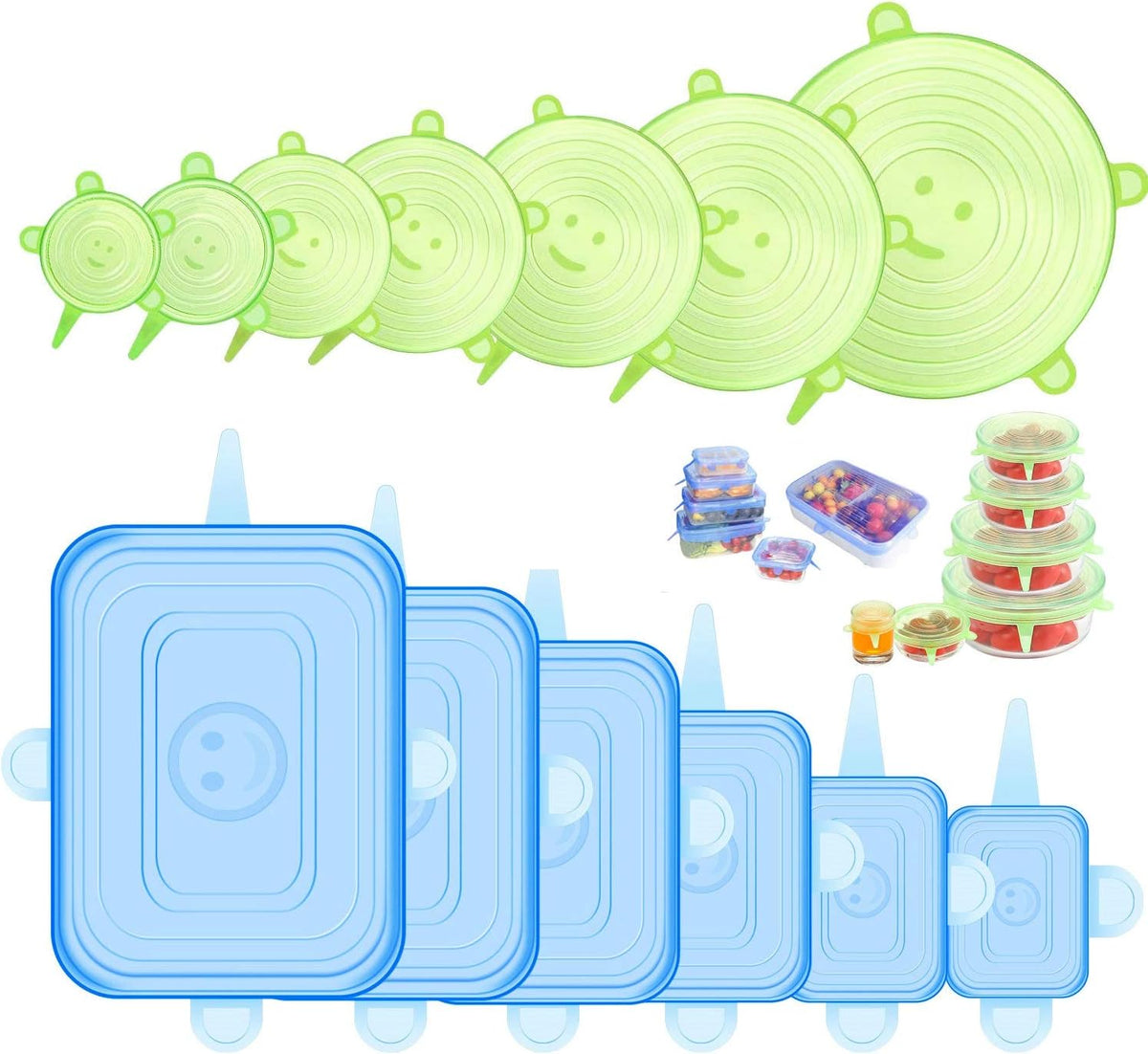 Silicone Stretch Lids, 12 Pack Silicone Lids, 6 Sizes BPA-free Silicone Bowl Covers Reusable for Cups, Bowls and Dish, Flexible, Round and Rectangle Fit 2.8” - 8.2” Container, Green & Blue