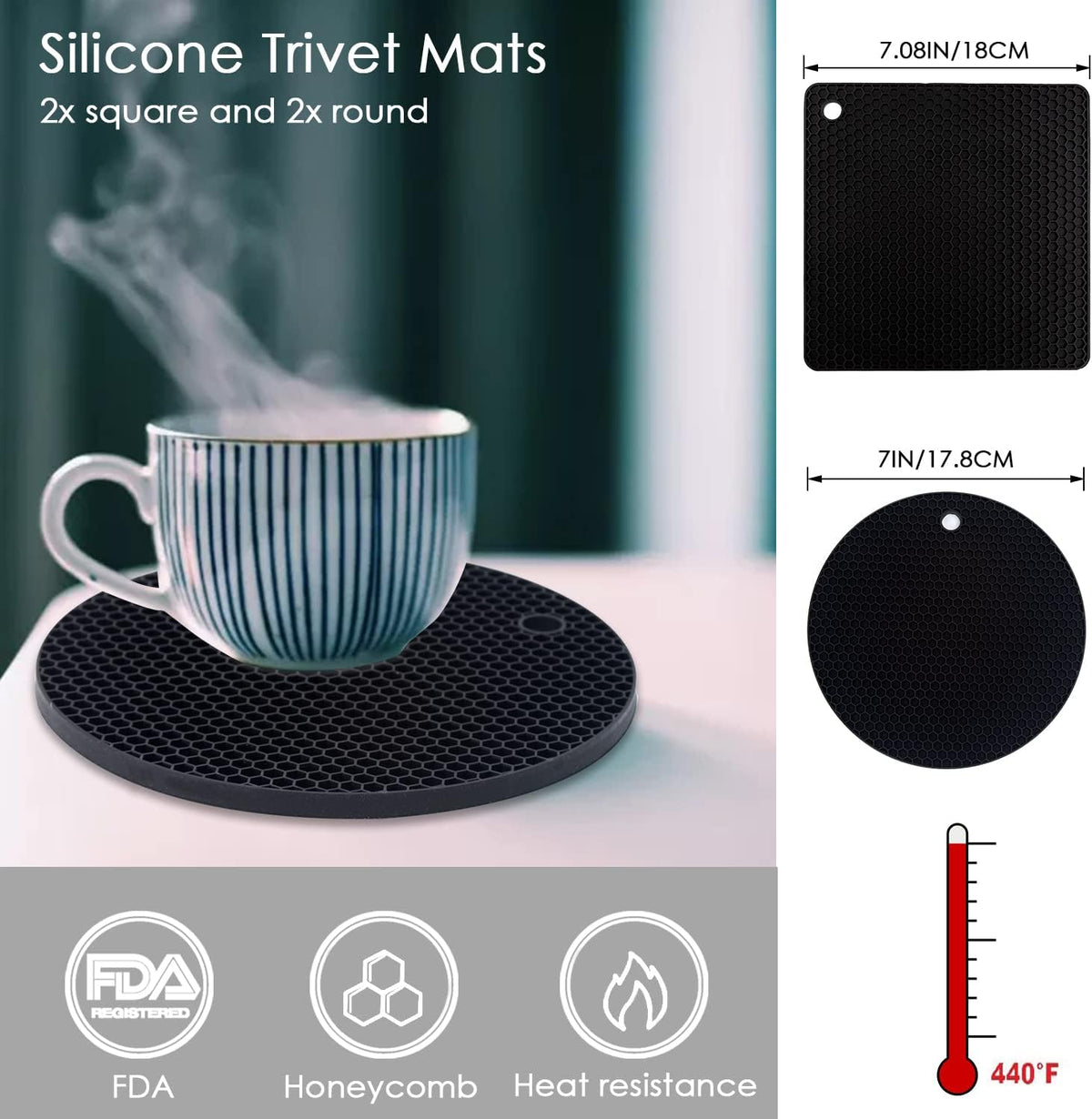 4 Pack Silicone Trivets for Hot Pots and Pans, Black Hot Pads Pot Holders, Non-Slip & Heat Resistant Silicone Mats for Kitchen Counter, Soft Durable Drying Mat, Jar Opener and Coasters, Black