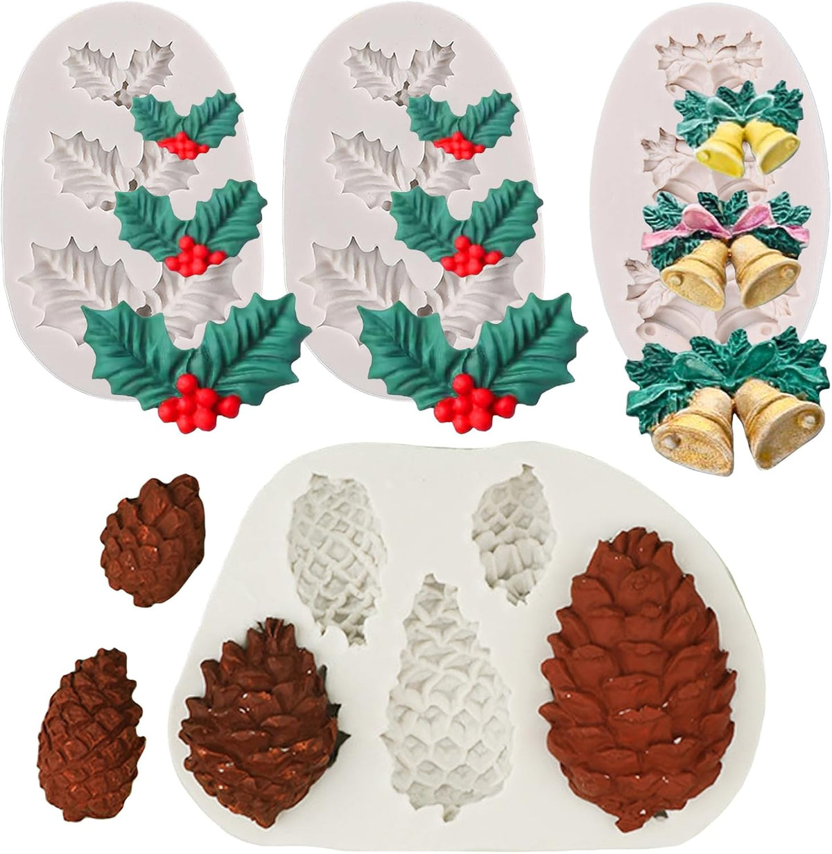 4PCS Christmas Fondant Molds, Christmas Holly Leaves Bells Pinecone Silicone Chocolate Molds, Unique Shape Cake Pop Candy Gummy Molds for Baking, DIY Holiday Dessert Polymer Clay Candle Craft