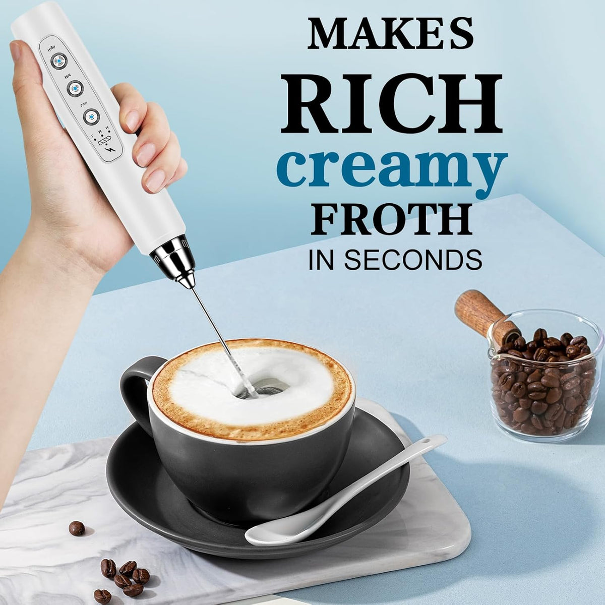 Milk Frother Handheld for Coffee, Electric Whisk 3 Speed Adjustable, Drink Mixer with Stainless 3 Whisks, Rechargeable Hand Frother Wand, Foam Maker for Latte Cappuccino Hot Chocolate Egg White