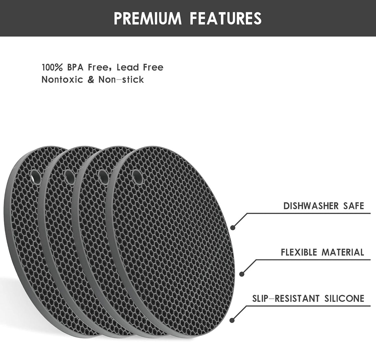 Trivets for Hot Dishes, Siicone Trivet Mat Hot Pads for Kitchen Tabletop, Round Silicone Pot Holders Mat, Trivets for Pots and Pans, Trivet for Quartz Countertops Mats Set 4 Light Gray