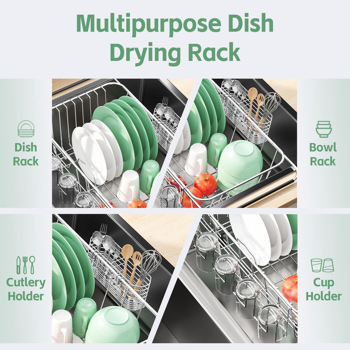 Small Dish Drying Rack in Sink, Extendable Stainless Steel Dish Drainers for Kitchen Counter, Anti-Rust Dish Dryer Rack with Utensil & Cup Holders, for Inside Sink, Over The Sink(for 1-2 People)