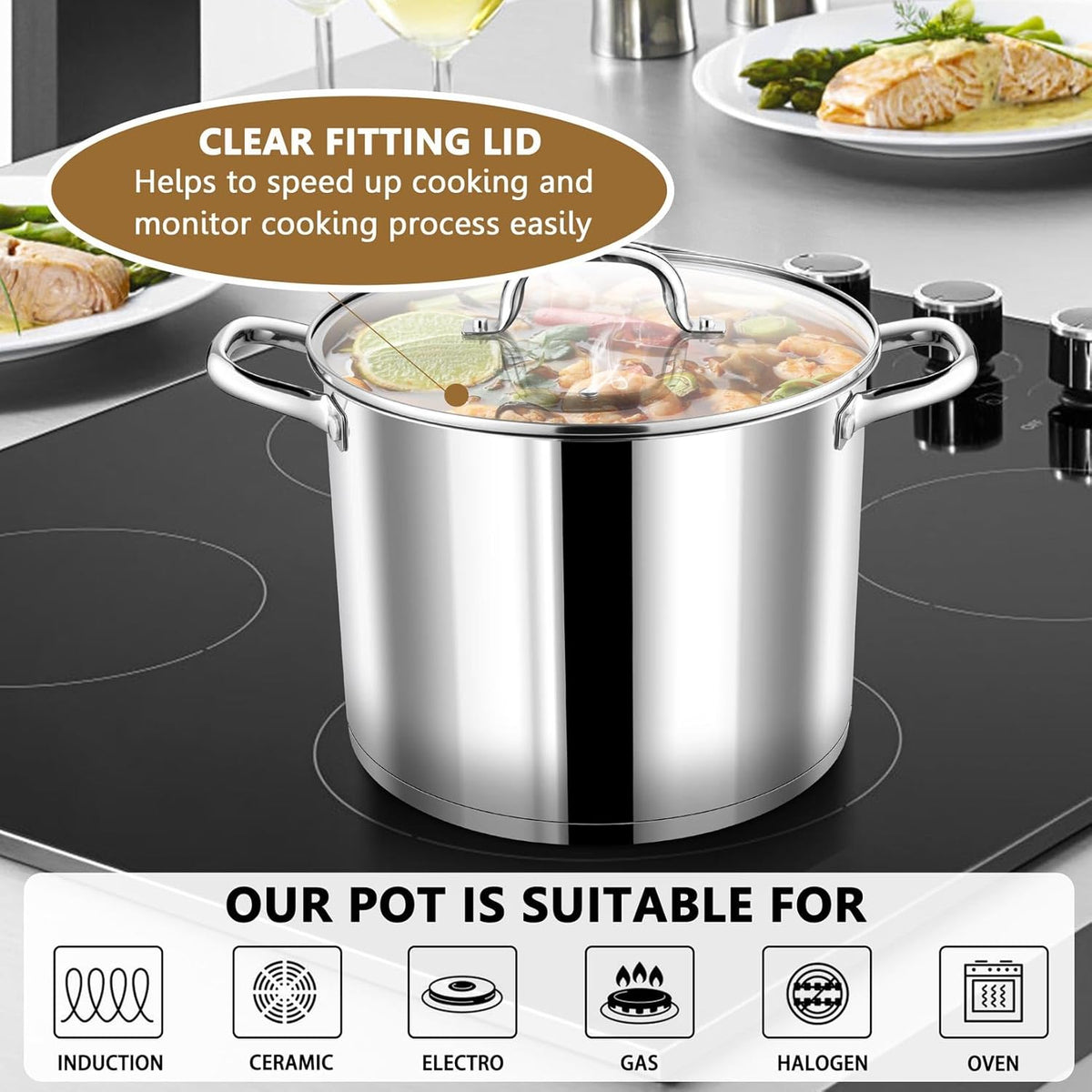 P&P CHEF 10 Quarts Cooking Stock Pot with Lid, Stainless Steel Stockpot Induction Pot for Soup, Tri-Ply Bottom & Clear Glass Lid & Double Handle, Dishwasher Safe