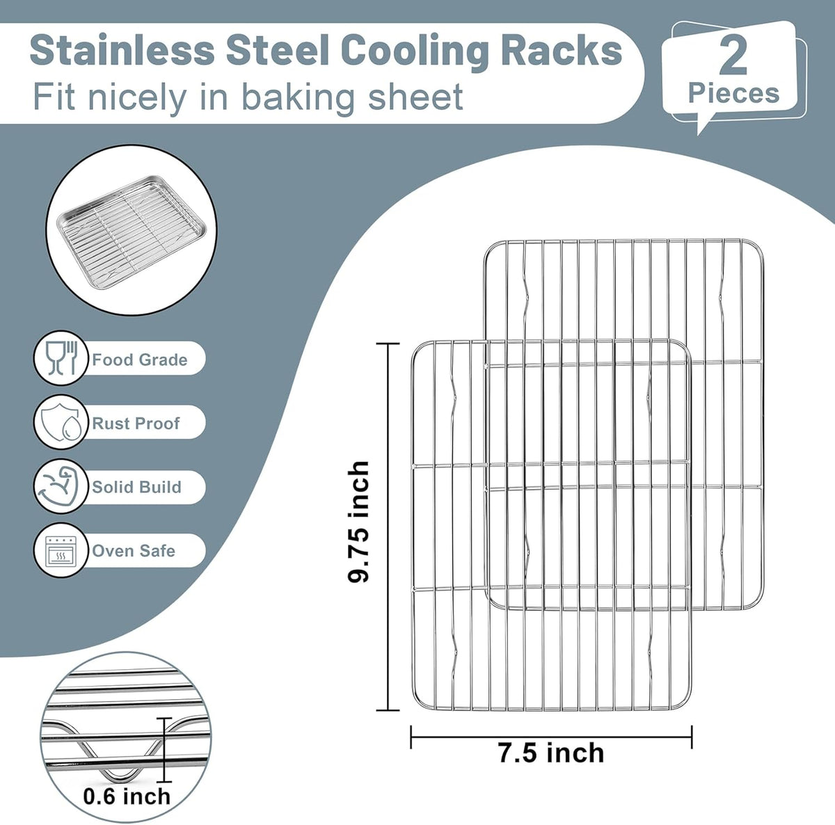 TeamFar Cooling Rack, 9.75” x 7.5” Stainless Steel Wire Baking Rack for Cooking Roasting Grilling, Fit for Oven Pan, Oven & Dishwasher Safe, Non-toxic & Heavy-Duty, 2PCS