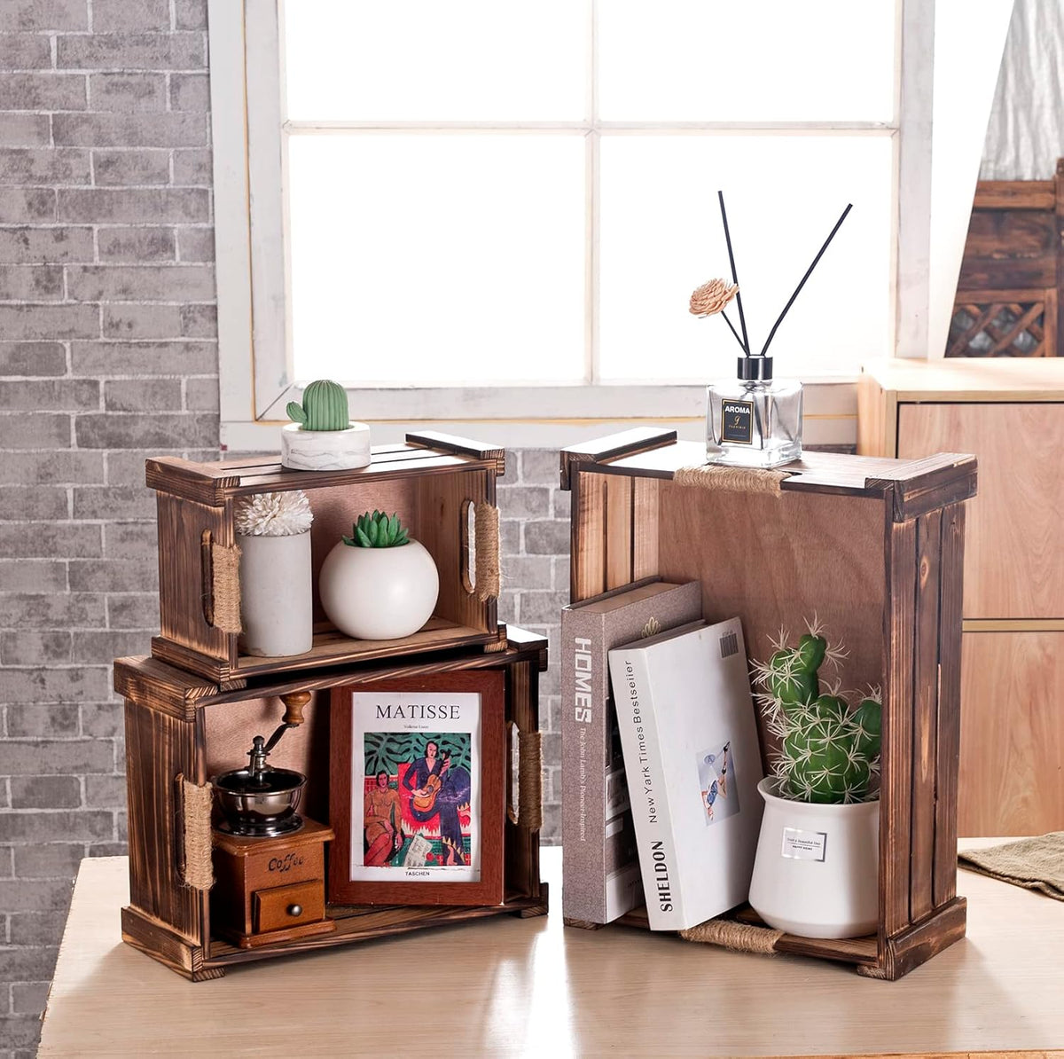 TIMRIS Set of 3 Rustic Wood Nesting Crates, Farmhouse Wooden Storage Container Boxes with Cutout Handles, Decorative Wooden Baskets for Display (Rustic Brown)