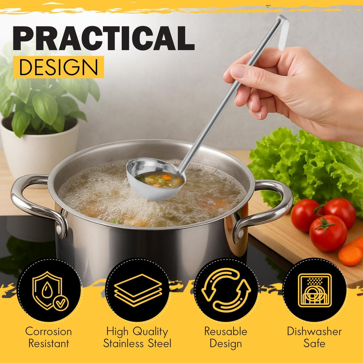 Ladle - Durable Stainless Steel Ladle Serving Measuring Soup Dressing Sauce Gravy Sturdy Dependable Long Handle for Kitchen (1, 2 Oz.)