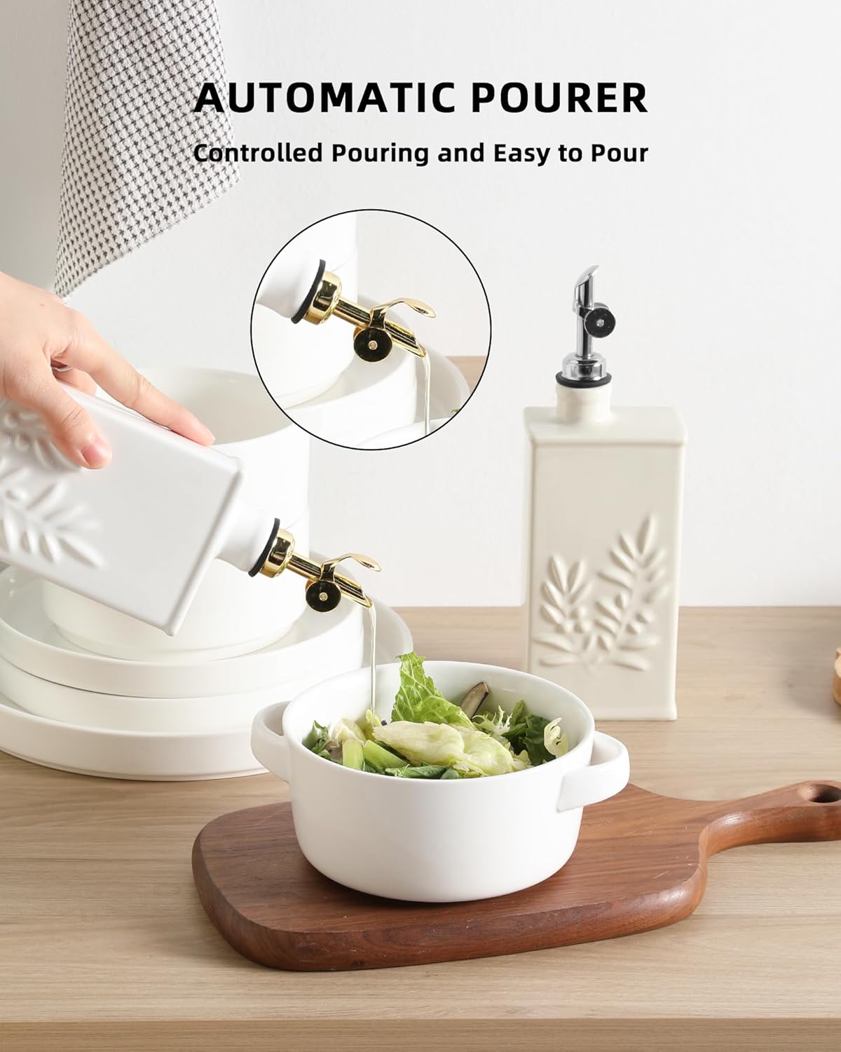 Sweejar Ceramic Olive Oil Dispenser Bottle for Kitchen, 17 Oz Relief Opaque Oil and Vinegar Dispenser Bottle with Spout, Suitable for Soy Sauce, Coffee Syrup, Liquids (White)