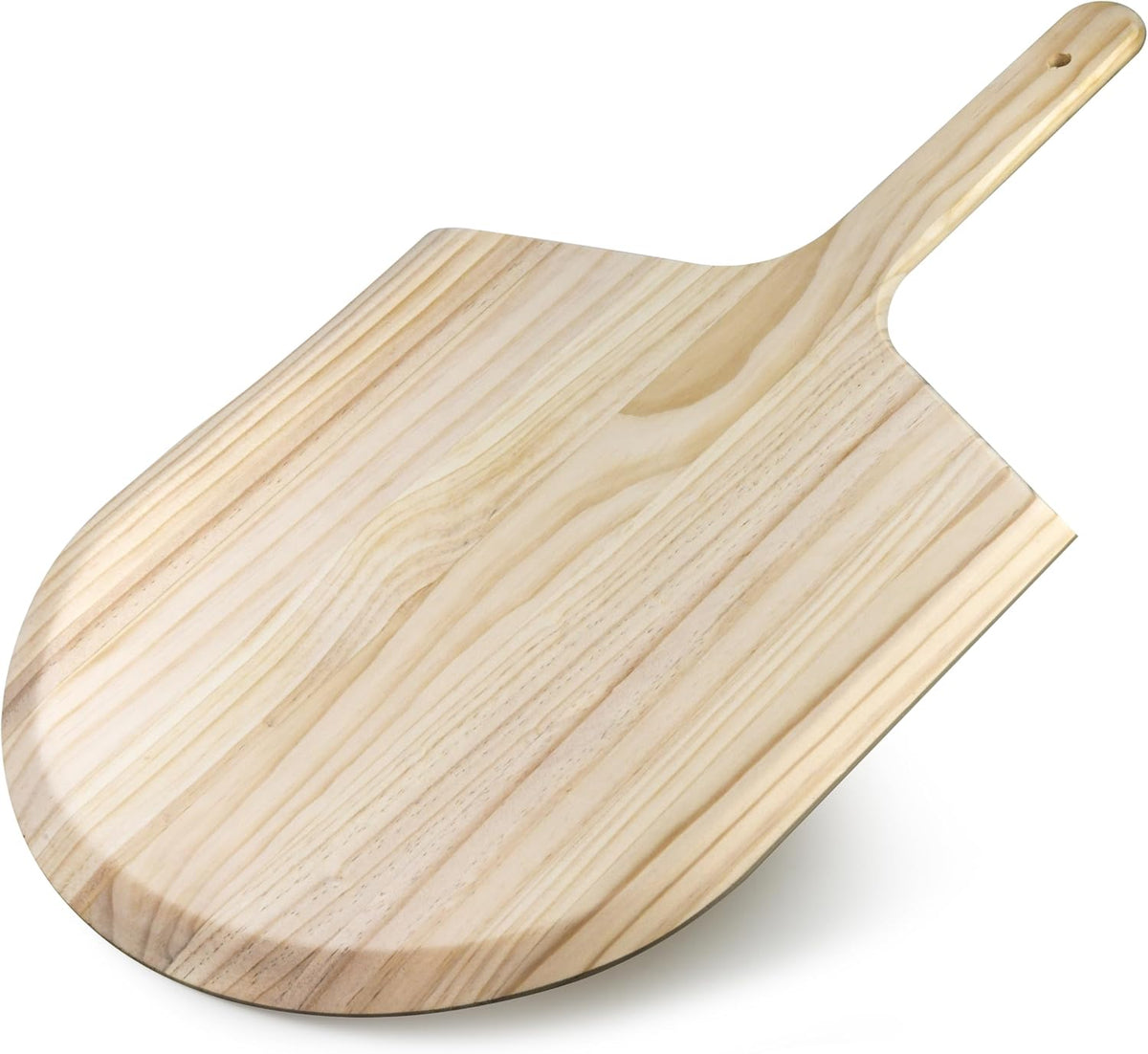 Wooden Pizza Peel, 16 x 14 inch Blade with 8 inch Handle, Pinewood, 24 inch Overall Length with Tapered edge with hole on the end of the handle. (1)