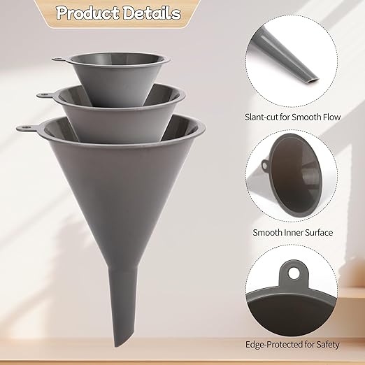Plastic Kitchen Funnel Set of 3 with Clean Brush, Round Food Funnels for Kitchen Use, Multifunctional Funnels for Filling Canning&Bottles, Suitable for Cooking, Lab and Automotive Use