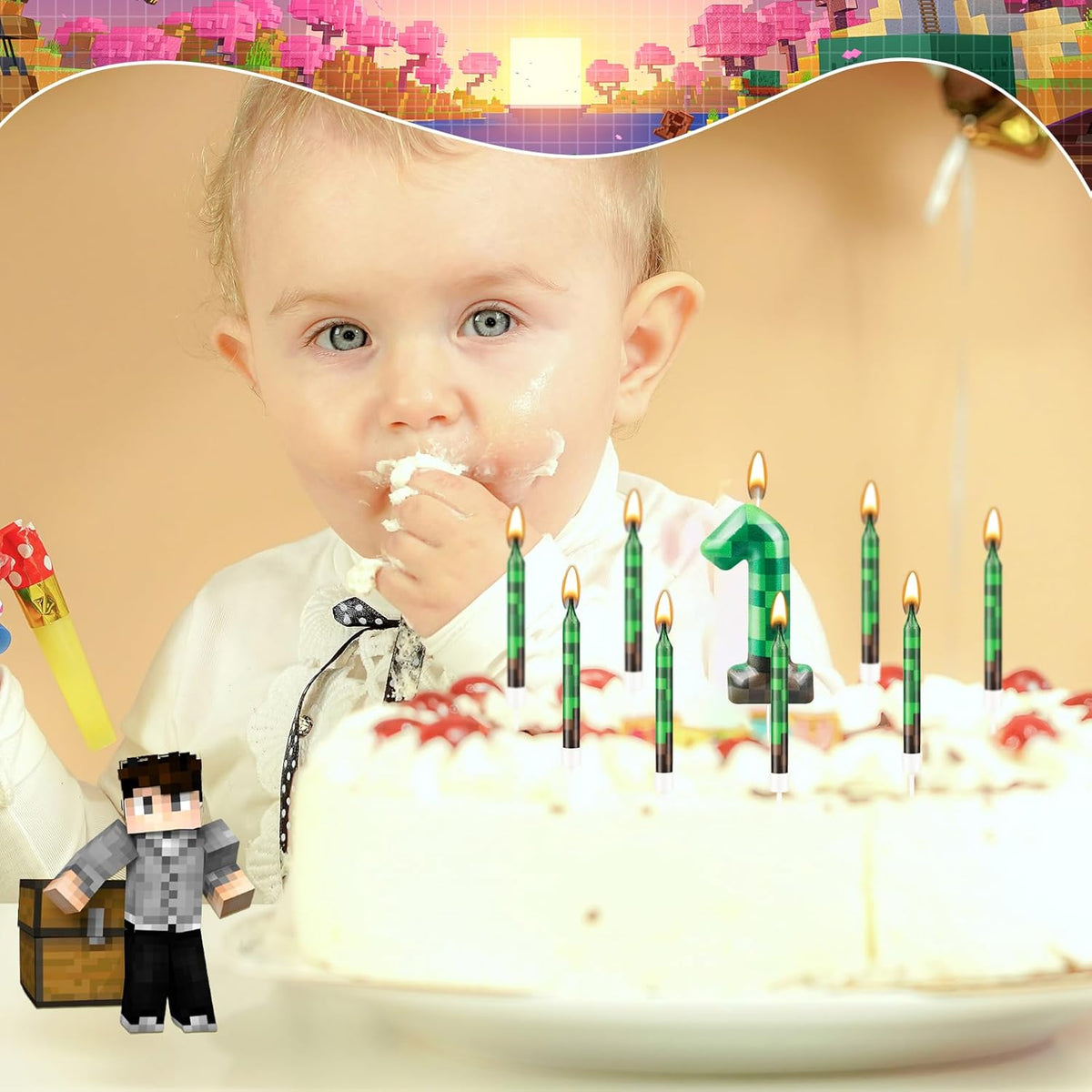13 Pcs Dynamite Candles 12 TNT Themed Birthday Cake Candles and Number 1 Candle Cake Topper for Pixel Theme Birthday Party Anniversary Party Dynamite Theme Party Video Game Party Supplies (Number 1)