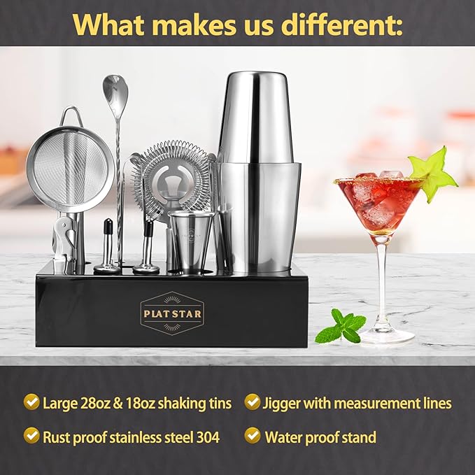 Mixology Bartender Kit with Stand, Home Bar Set Cocktail Shakers Bartending Kit, Bar Tools Boston Shaker Set, Professional Drink Mixing Martini Making Barware with Recipe Book