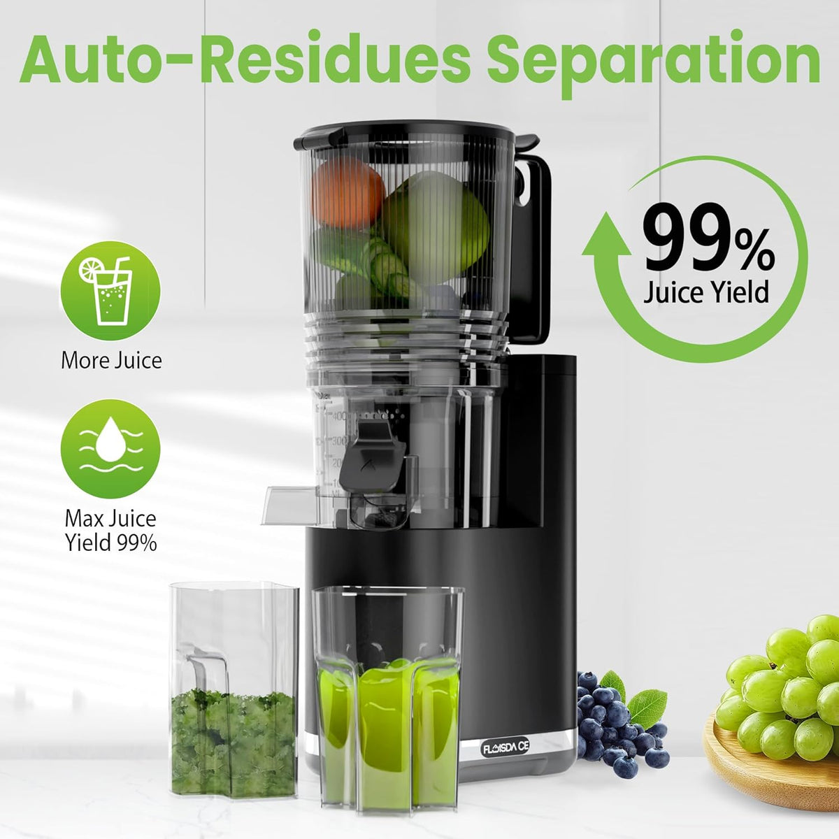 Cold Press Juicer, Masticating Slow Juicers, 6.5" Extra Large Feed Chute Juicers Machines, 350W Juicer Machines with High Juice Yield for Whole Vegetables & Fruits, BPA Free, Black, Easy to Clean