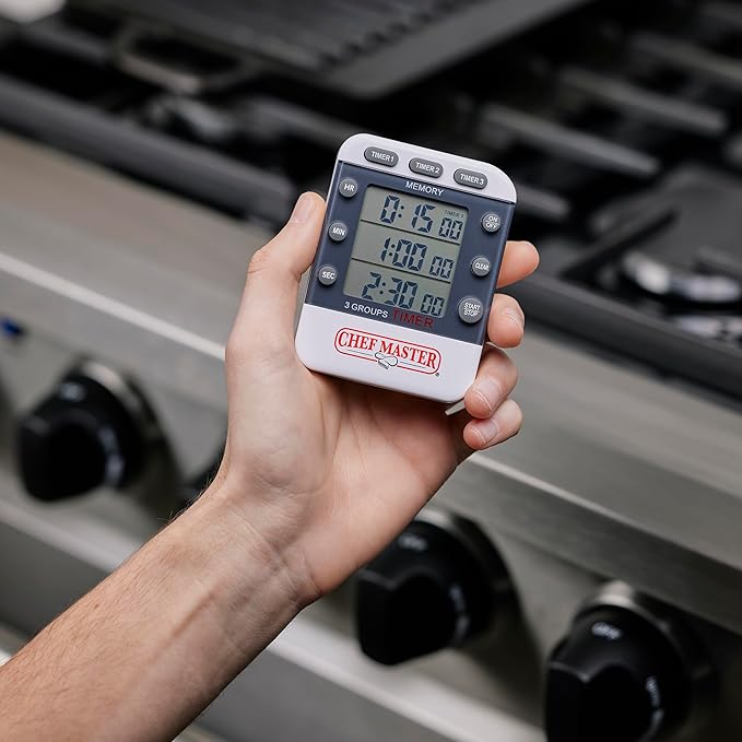 3-Channel Digital Timer by Chef Master, Triple Channel Count Up/Down Kitchen Digital Timer for Cooking, Roasting, Grilling, Marinade, Boiling, Baking, Pocket Clip, Stand & Magnet for Hands Free -90271