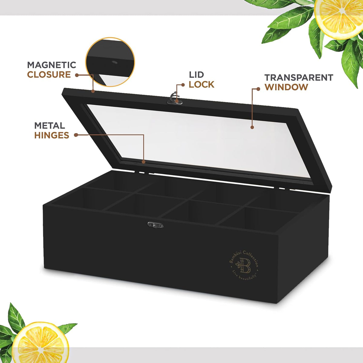 Bambüsi Tea Bag Organizer - Bamboo Tea Box Organizer Storage Box, Tea Bag Holder with Acrylic Window, Magnetic Lid Keeps Tea Bags Fresh - Ideal Gifts Tea Organizer Caddy (Tea Not Included) - Black