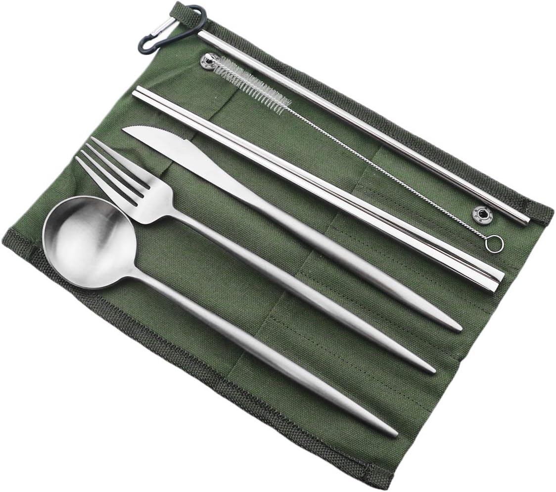 Gugrida Reusable Travel Utensils, 7 Pieces Portable 18/10 Stainless Steel include Knife Fork Spoon Chopsticks Cleaning Brush Straws Portable Pouch, Eco-friendly Camping Silverware Set, Dishwasher Safe