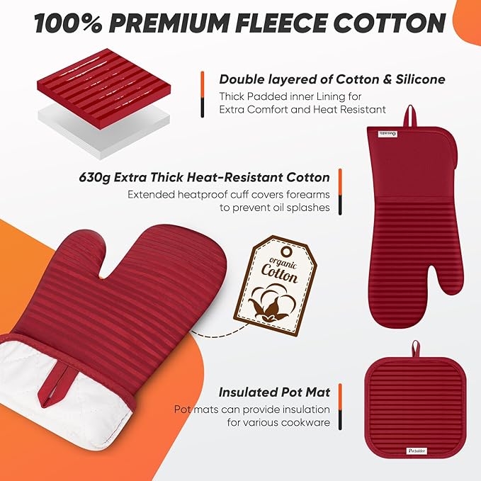 Oven Mitts Kitchen Towels and Dishcloths with Pot Holders Sets, Oven Gloves Hot Pads 500°F Heat Resistant with Silicone Grip, Include 2 Cooking Gloves/2 Potholders/4 Kitchen Towels/4 Dish Towels-Red