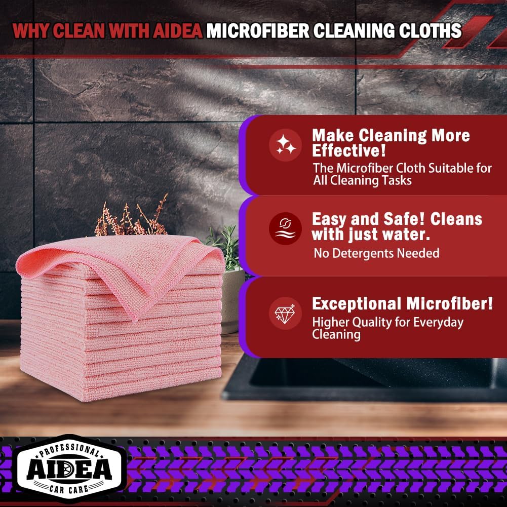 AIDEA Microfiber Cleaning Cloth Pink 10PK, Microfiber Towels for Cars, Premium Car Cloths, Dusting Cloth Lint Free Cleaning Rags for SUVs, House, Kitchen, Window, Workshops,12×12"