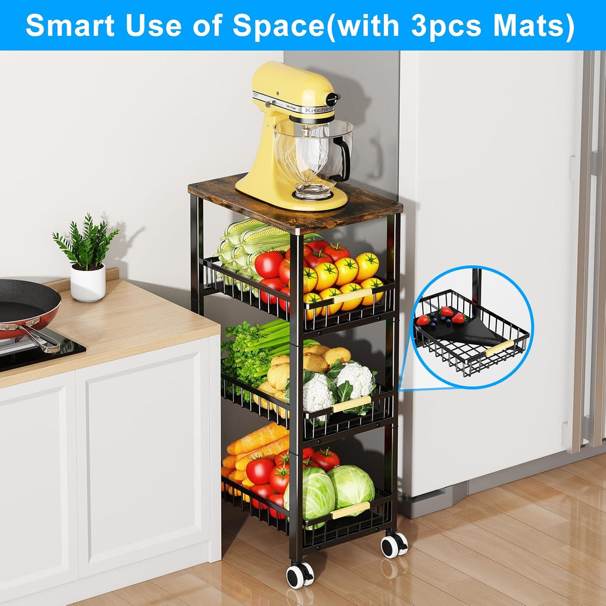 Fruit Vegetable Storage Basket for Kitchen, 4 Tier Large Pull-Out Metal Wire Baskets with 3 Pack Mats Bottom, Wood Top and Wheels, Vegetable Produce Bins Stand Cart Rack for Onions and Potatoes