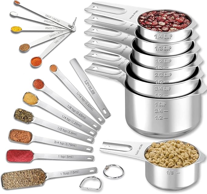 20PCS Measuring Cups and Spoons Set, Includes 7 Stackable Stainless Steel Cups, 7 Rectangular & 5 Mini Measuring Spoons with Leveler Fits Spice Jars, Kitchen Gadgets with Engraved Markings