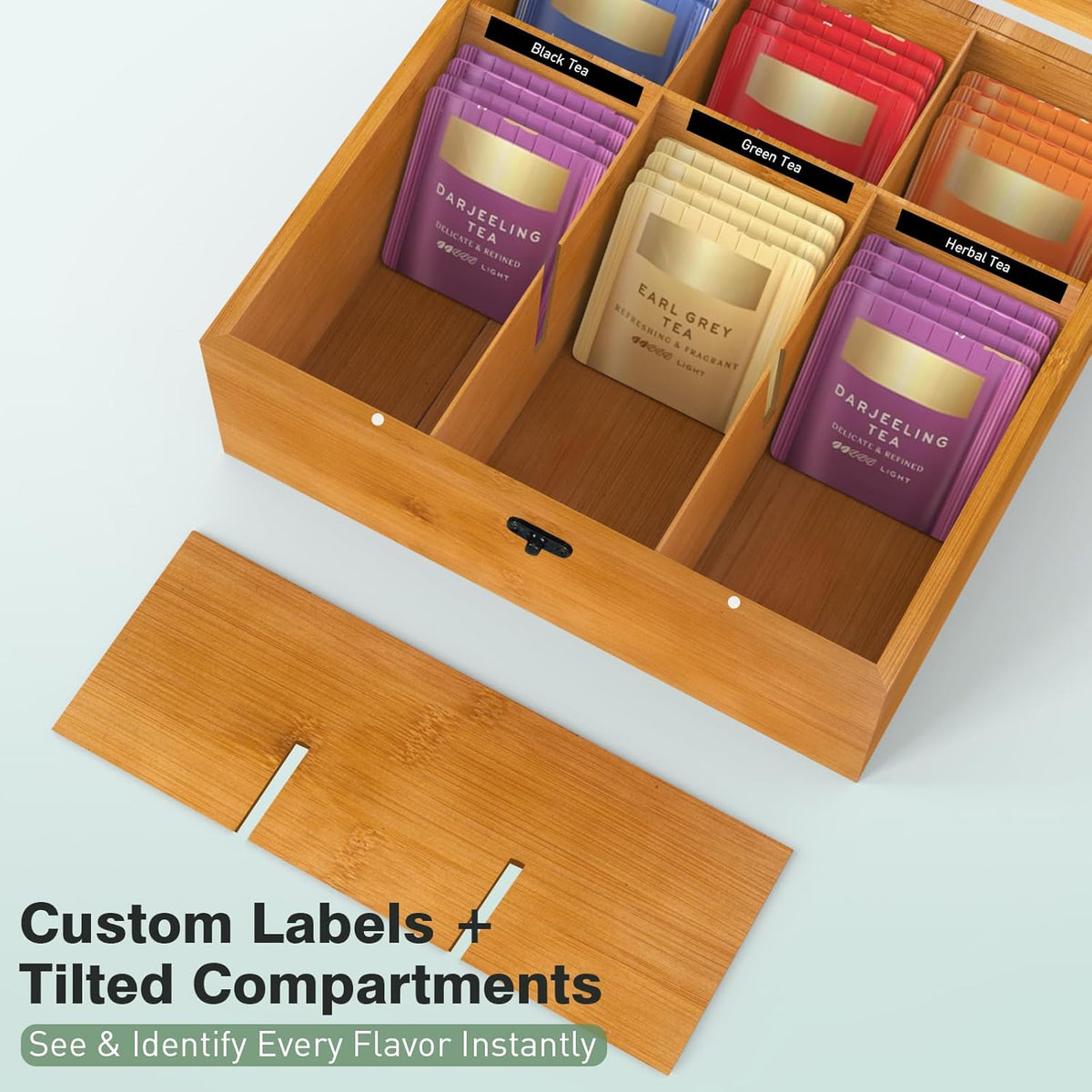 Wood Tea Bag Organizer Tea Storage Box with Clear Acrylic Top Window & 9 Compartments Tea Bag Holder for Home Office Gift (Brown)