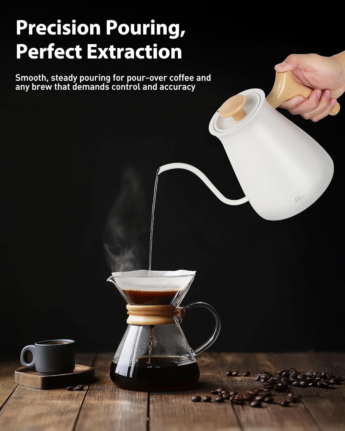 Harriet Gooseneck Electric Kettle - 1200W Fast Heat, 0.8L Stainless Steel, Precision Temp Control & Timer, Wood Handle, Pour Over Coffee and Tea, White