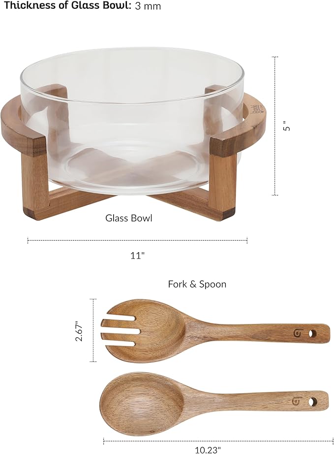 Large Glass Salad Bowl Set with Acacia Wood Serving Spoon & Fork – 11 Inch Salad Mixing & Serving Bowl for Pasta, Fruits, Veggies, Kitchen Tableware & Dinner Table Centerpiece