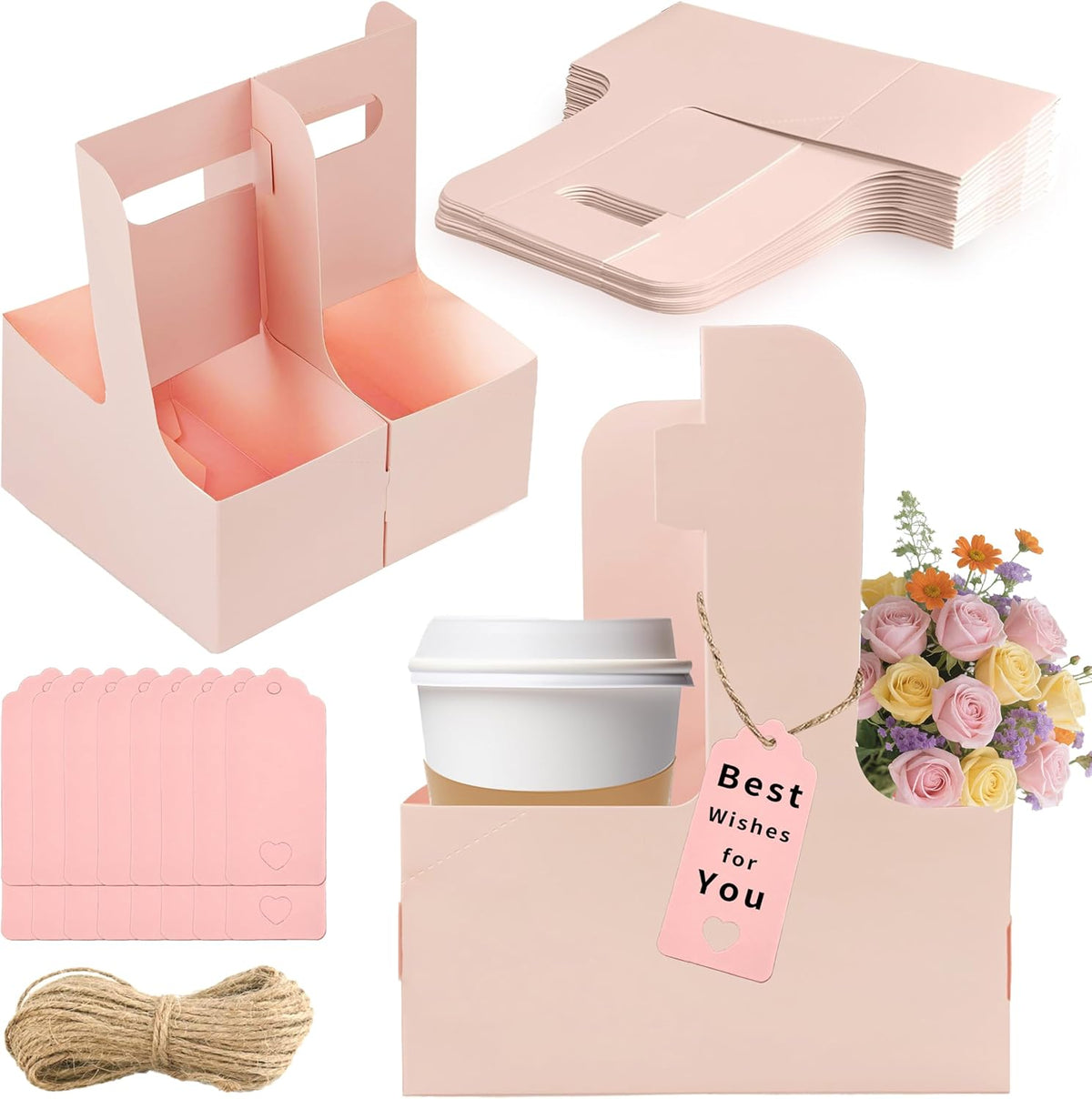 2 Cup Drink Carrier,16 Pack Coffee Cup Holders with Handle,Cardboard Cup Holders for Hot or Cold Drinks,Coffee Carrier with Ribbon and Card,Food Delivery Services and Bouquet(Pink)