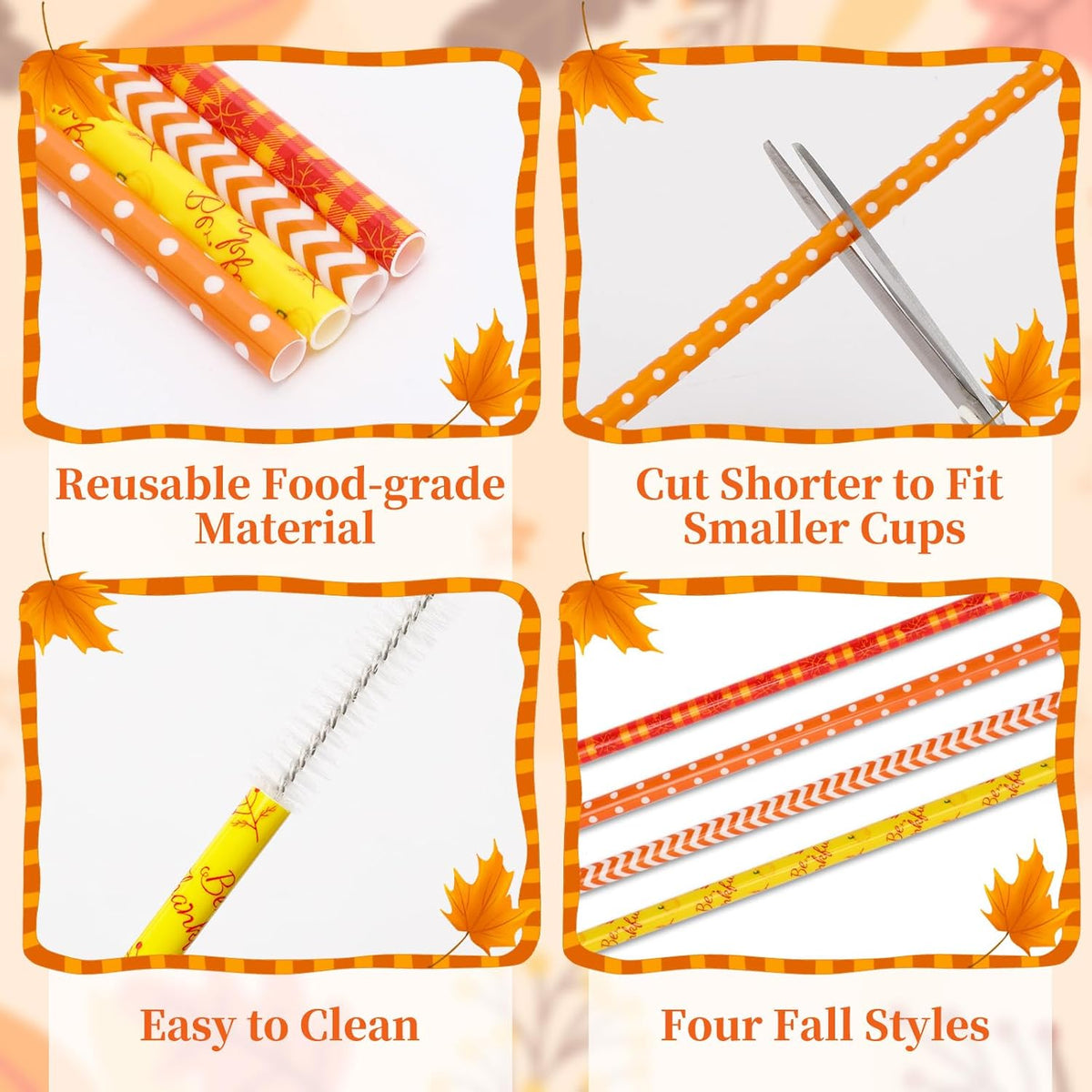 JANYUN 30 Pieces Fall Straws, 9inch Hard Platic Reusable Thanksgiving Drinking Straws Autumn Maple Leaf Pumpkin Straw for Family Party Favors Supplies Cleaning Brush (Orange & Yellow)