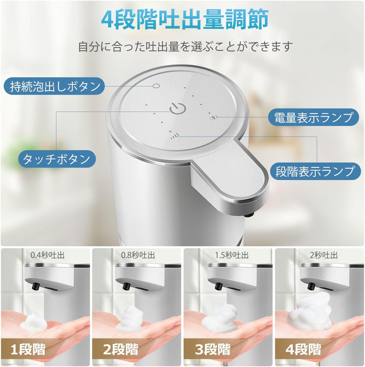 Automatic Foaming Soap Dispenser with 4 Adjustable Control Rechargeable Hands Free Auto Soap Dispenser for Kitchen, Bathroom, Hotel, Restaurant,Touchless 380ml